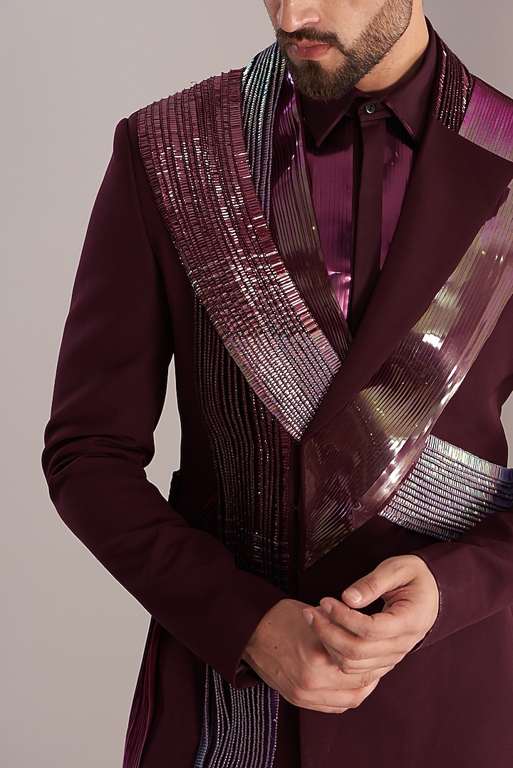 Maroon Metallic Polymer Embroidered blazer Set by Amit Aggarwal Men at Pernia's Pop Up Shop