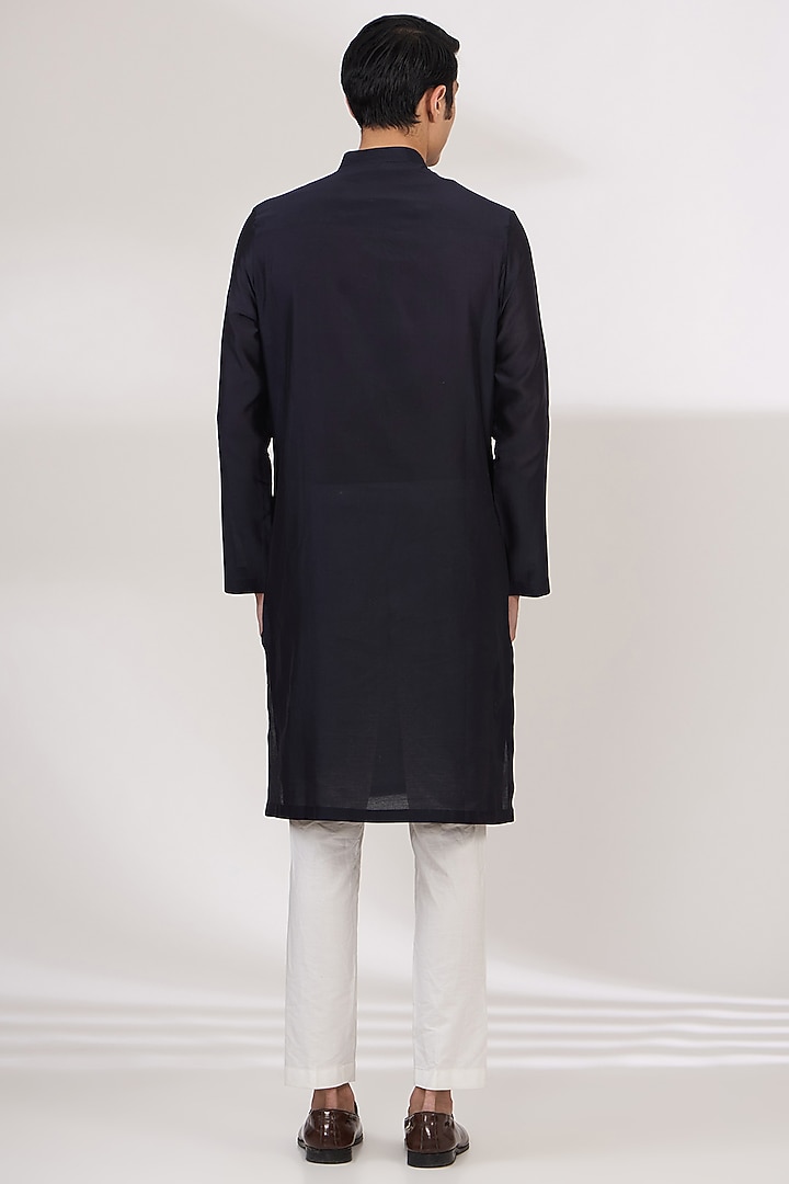 Blue Silk Chanderi Metallic Yoke Kurta by Amit Aggarwal Men at Pernia's Pop Up Shop