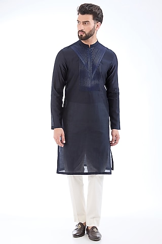 Navy Blue Silk Chanderi Kurta by Amit Aggarwal Men