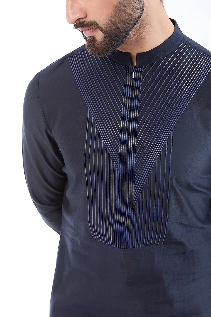 Navy Blue Silk Chanderi Kurta by Amit Aggarwal Men at Pernia's Pop Up Shop