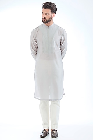 Silver Silk Chanderi Kurta by Amit Aggarwal Men