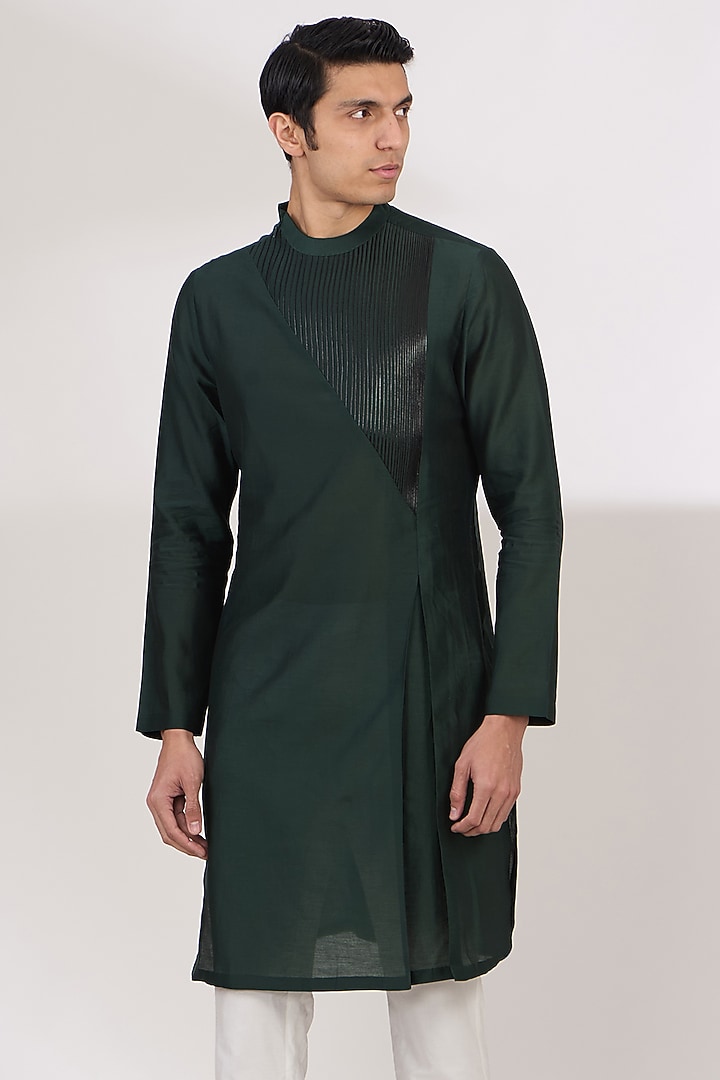 Green Silk Chanderi Metallic Kurta by Amit Aggarwal Men at Pernia's Pop Up Shop