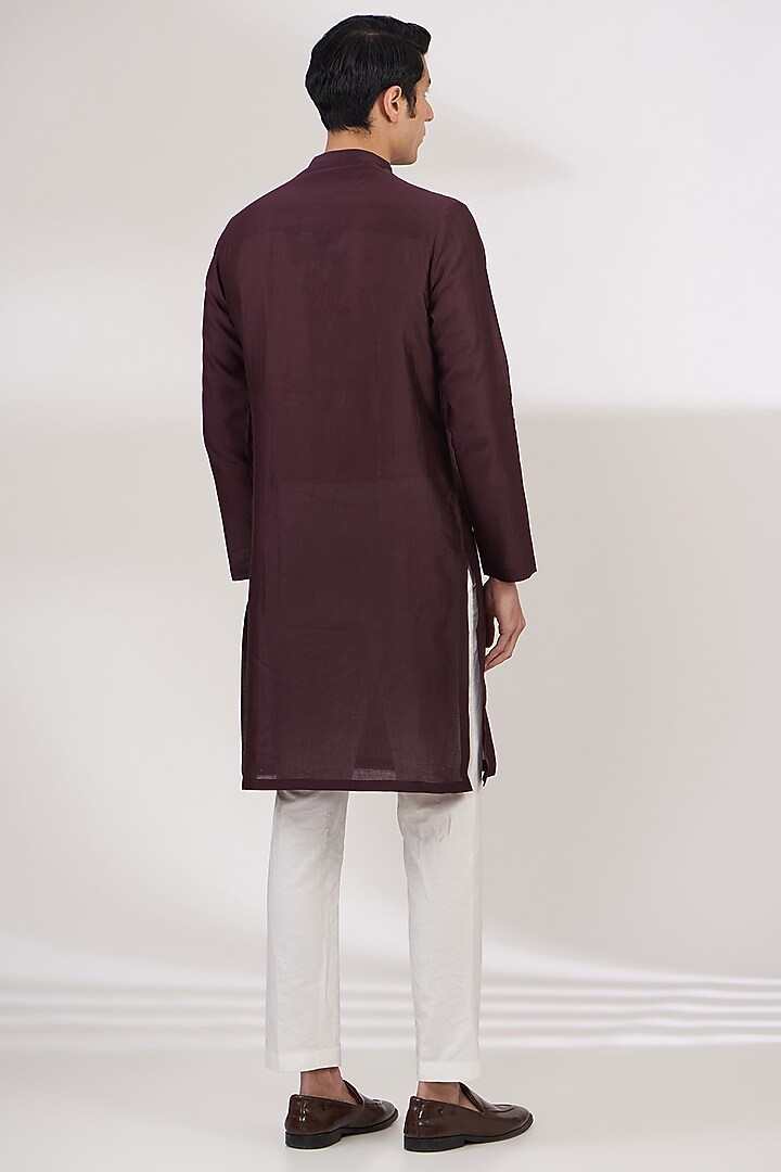 Plum Silk Chanderi Metallic Kurta by Amit Aggarwal Men at Pernia's Pop Up Shop