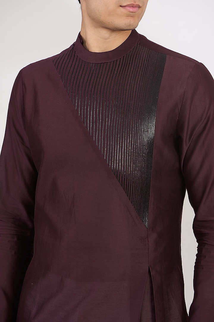 Plum Silk Chanderi Metallic Kurta by Amit Aggarwal Men at Pernia's Pop Up Shop