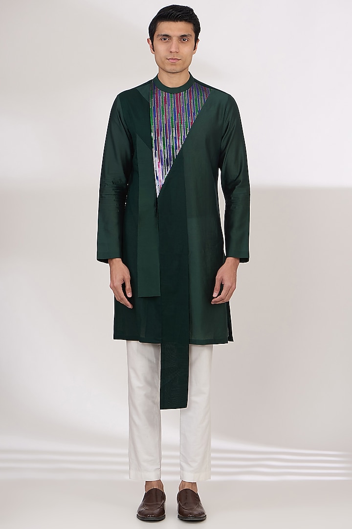 Green Silk Chanderi Kurta by Amit Aggarwal Men
