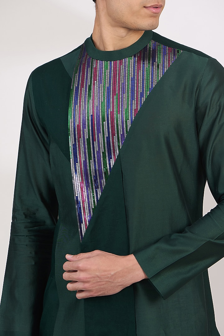 Green Silk Chanderi Metallic Kurta by Amit Aggarwal Men at Pernia's Pop Up Shop