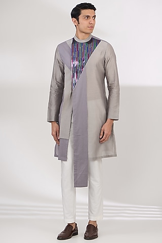 Silver Silk Chanderi Metallic Kurta by Amit Aggarwal Men