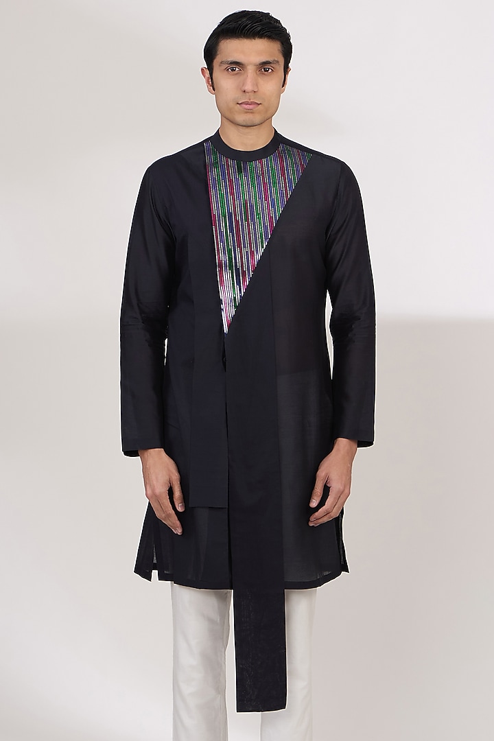 Blue Silk Chanderi Kurta by Amit Aggarwal Men at Pernia's Pop Up Shop