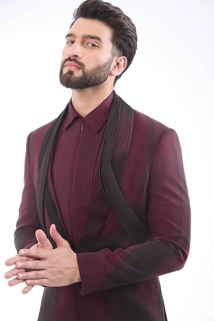 Plum Metallic Polymer Handwoven Structured Tuxedo Set by Amit Aggarwal Men at Pernia's Pop Up Shop
