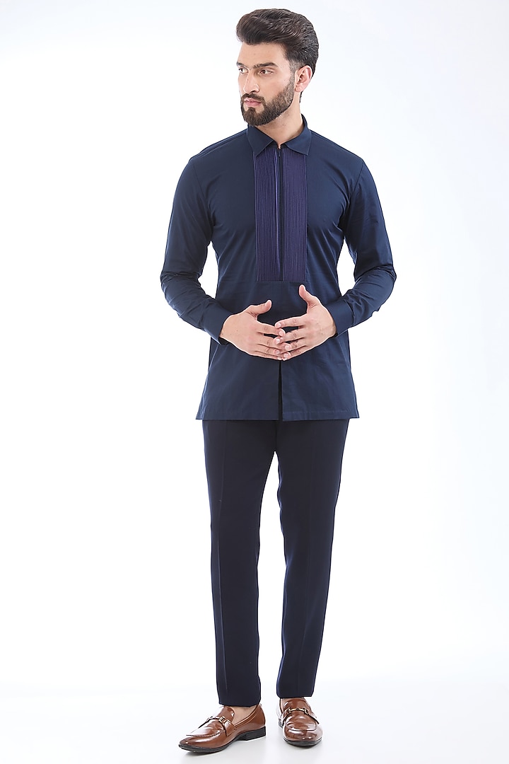 Navy Blue Metallic Polymer Handwoven Structured Tuxedo Set by Amit Aggarwal Men at Pernia's Pop Up Shop