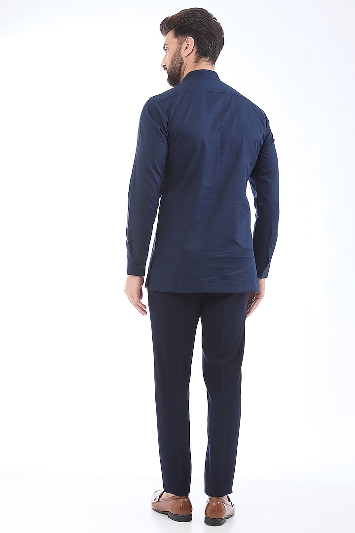 Navy Blue Metallic Polymer Handwoven Structured Tuxedo Set by Amit Aggarwal Men at Pernia's Pop Up Shop