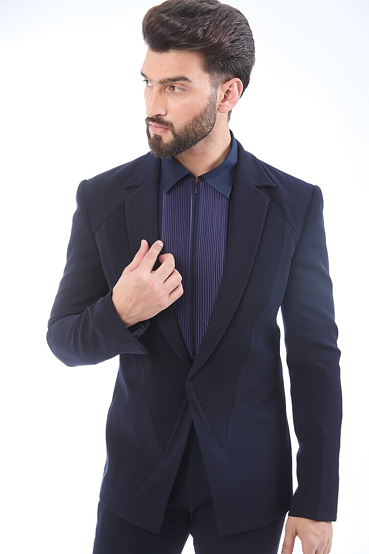 Navy Blue Metallic Polymer Handwoven Structured Tuxedo Set by Amit Aggarwal Men at Pernia's Pop Up Shop