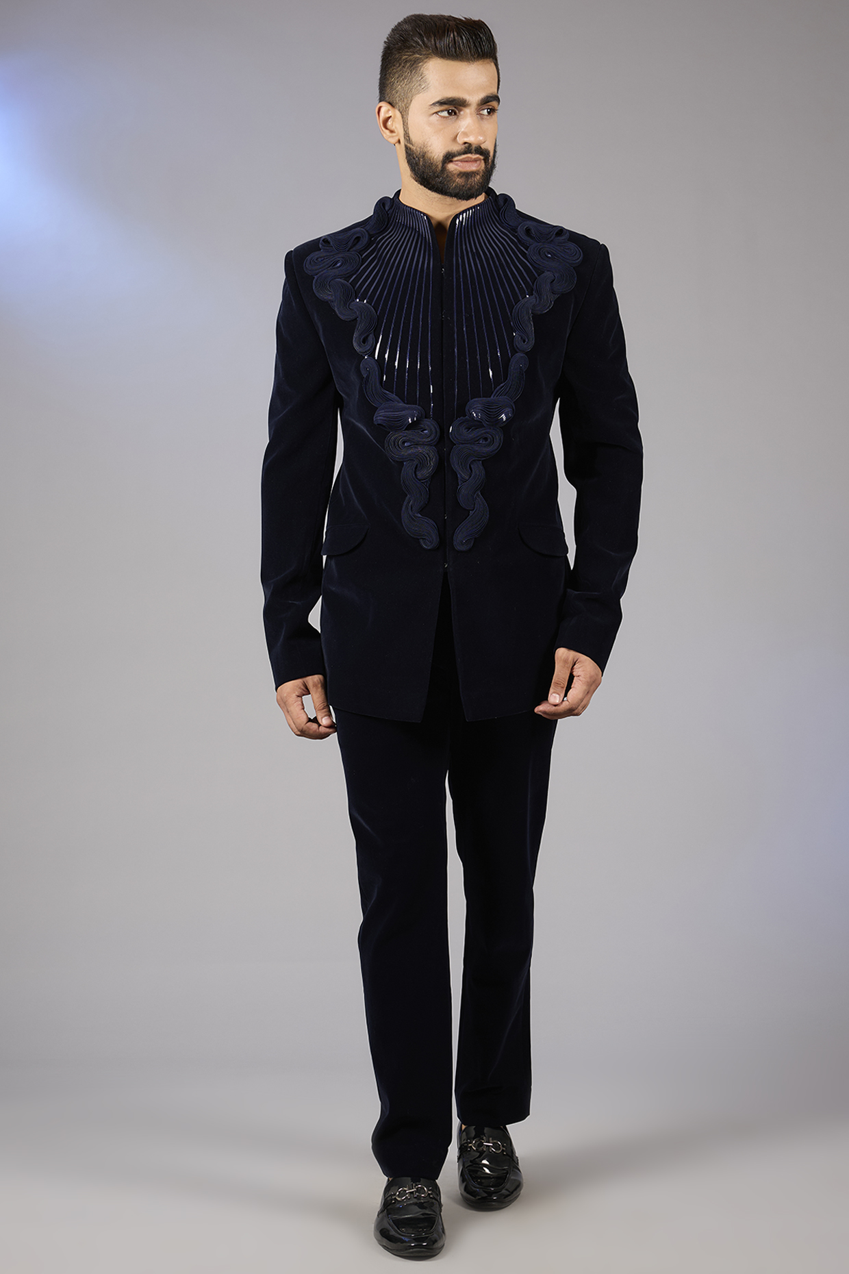 Black Velvet Metallic Bandhgala Set by Amit Aggarwal Men