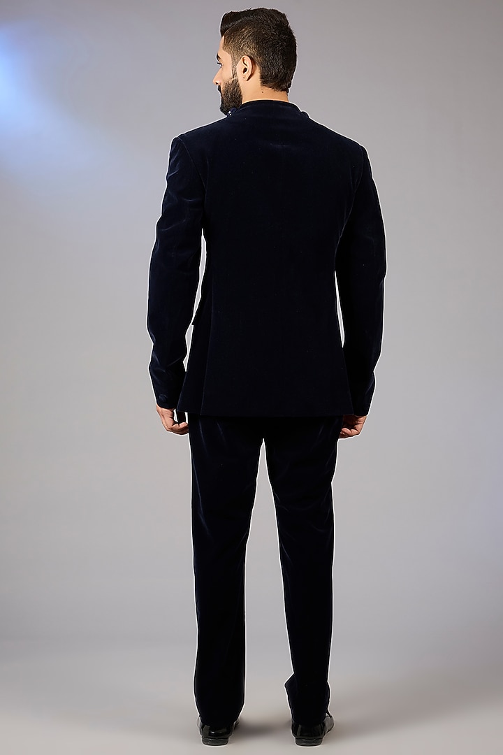 Ink Blue Velvet Metallic Groom Bandhgala Set by Amit Aggarwal Men at Pernia's Pop Up Shop