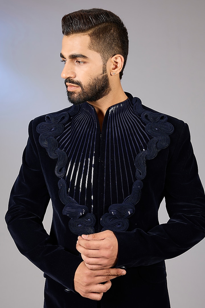 Ink Blue Velvet Metallic Groom Bandhgala Set by Amit Aggarwal Men at Pernia's Pop Up Shop
