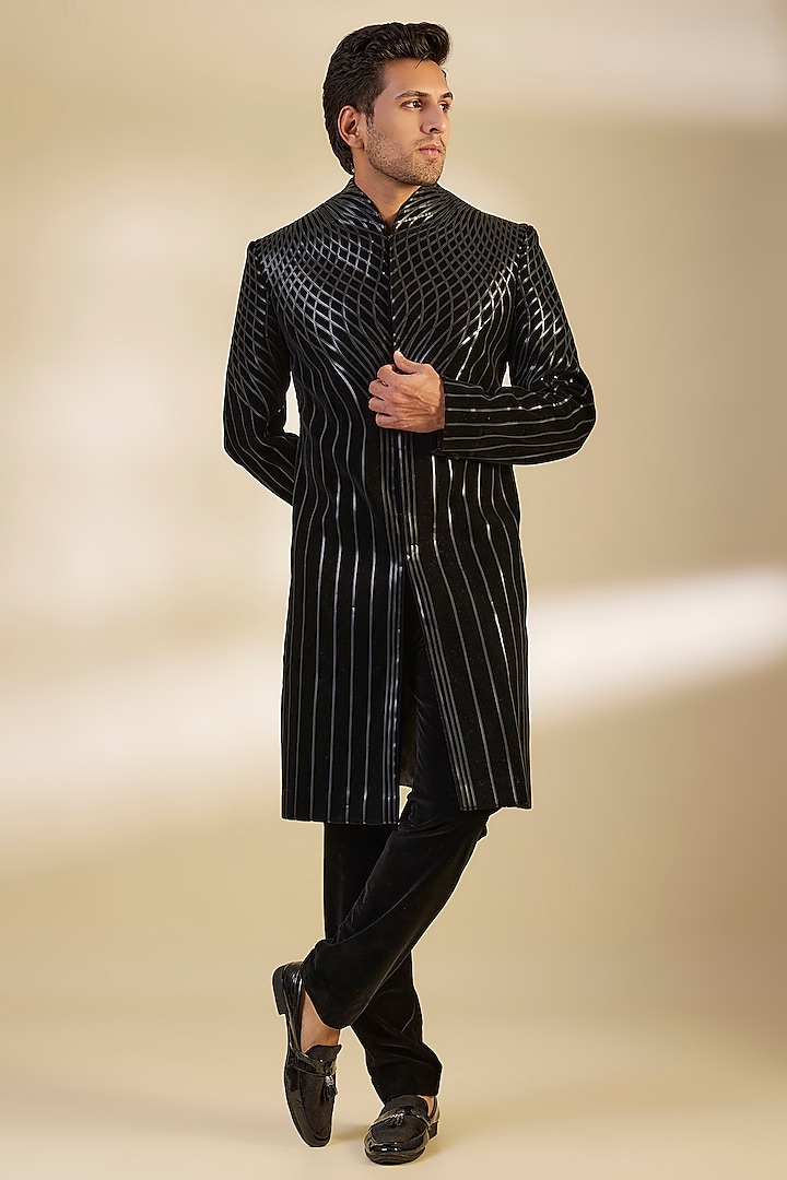 Black Velvet Metallic Sherwani Set by Amit Aggarwal Men at Pernia's Pop Up Shop