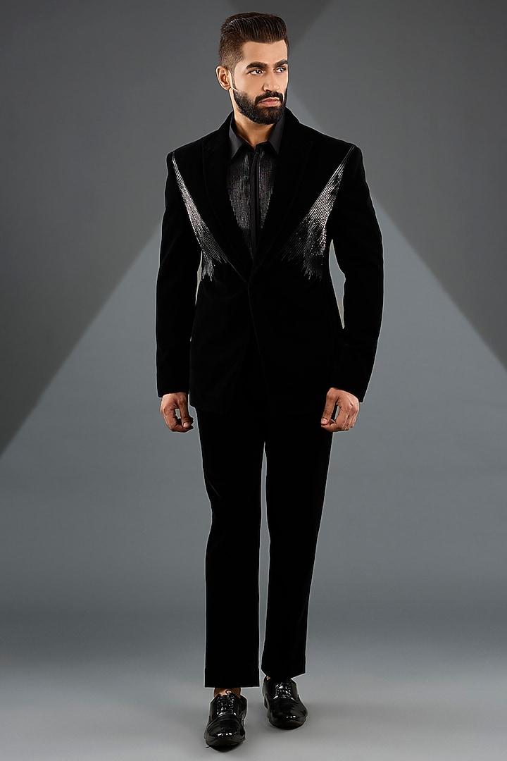 Black Velvet Tuxedo Jacket by Amit Aggarwal Men at Pernia's Pop Up Shop