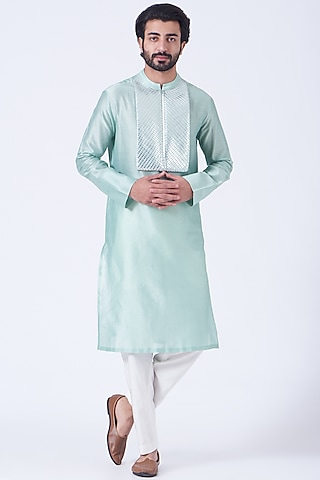 Minty Blue Silk Chanderi Handwoven Kurta by Amit Aggarwal Men