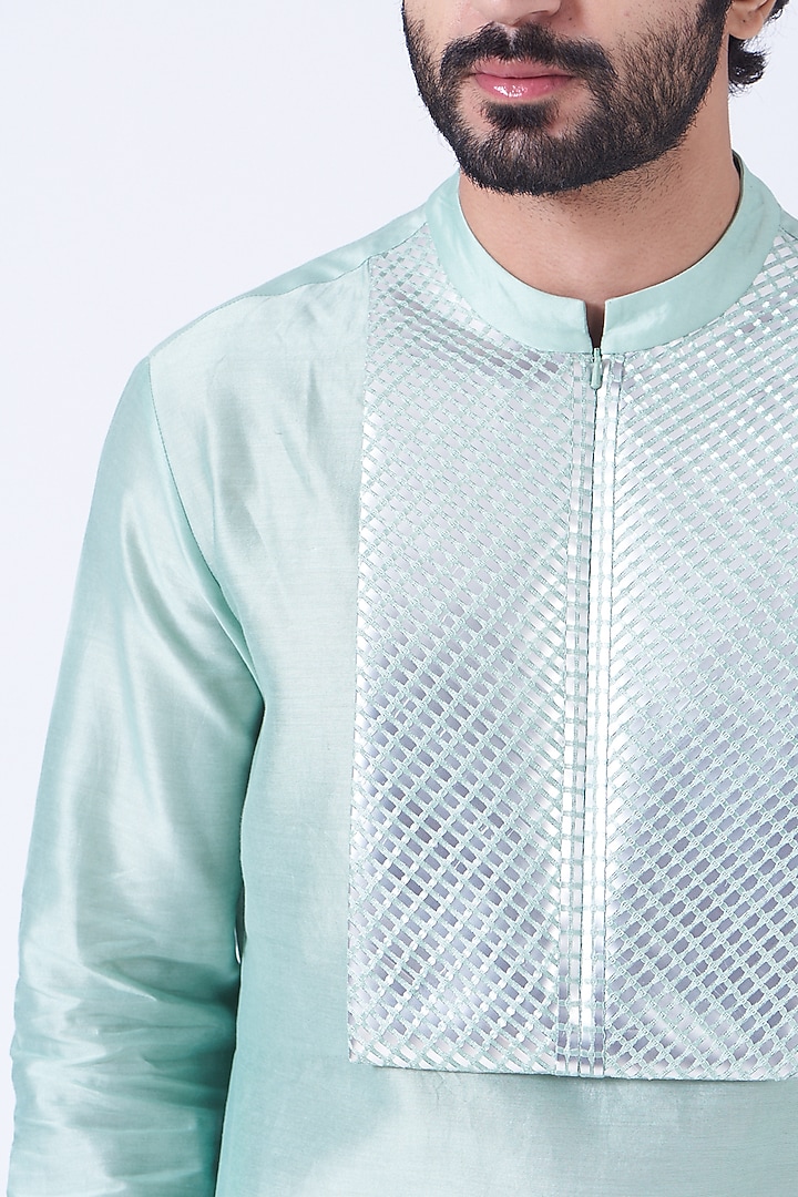 Minty Blue Silk Chanderi Handwoven Kurta by Amit Aggarwal Men at Pernia's Pop Up Shop