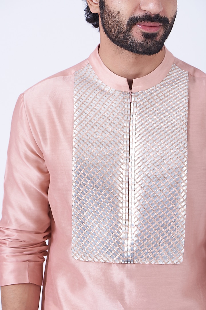 Blush Pink Silk Chanderi Handwoven Kurta by Amit Aggarwal Men at Pernia's Pop Up Shop