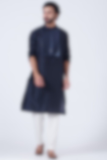Ink Blue Silk Chanderi Handwoven Kurta by Amit Aggarwal Men at Pernia's Pop Up Shop