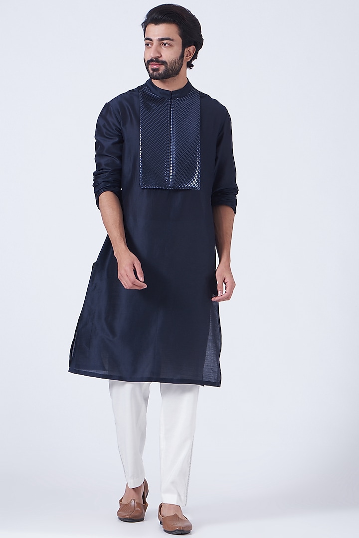 Ink Blue Silk Chanderi Handwoven Kurta by Amit Aggarwal Men at Pernia's Pop Up Shop