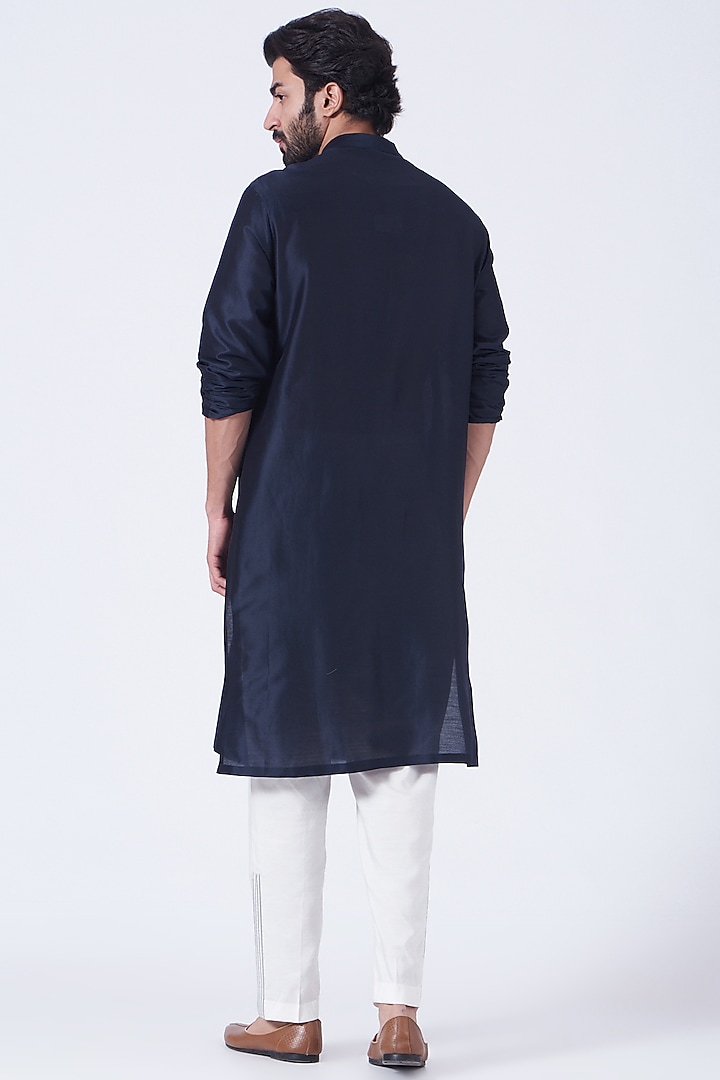 Ink Blue Silk Chanderi Handwoven Kurta by Amit Aggarwal Men at Pernia's Pop Up Shop