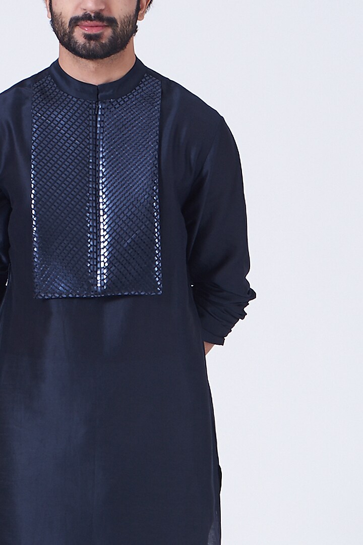 Ink Blue Silk Chanderi Handwoven Kurta by Amit Aggarwal Men at Pernia's Pop Up Shop