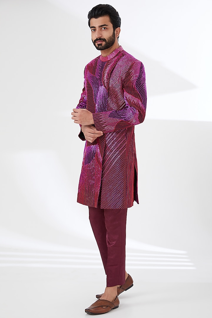 Fuchsia Jacquard Hand Embroidered Indowestern Set by Amit Aggarwal Men