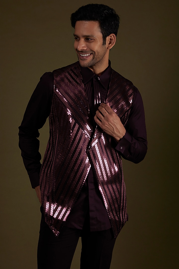 Plum Metallic Polymer Handwoven Waistcoat Set by Amit Aggarwal Men at Pernia's Pop Up Shop