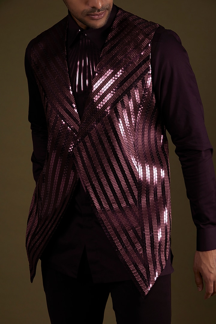 Plum Metallic Polymer Handwoven Waistcoat Set by Amit Aggarwal Men at Pernia's Pop Up Shop