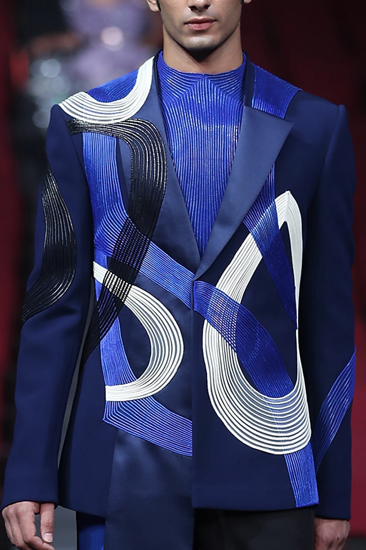 Royal Blue Stretch Crepe Asymmetric Tuxedo Set by Amit Aggarwal Men at Pernia's Pop Up Shop