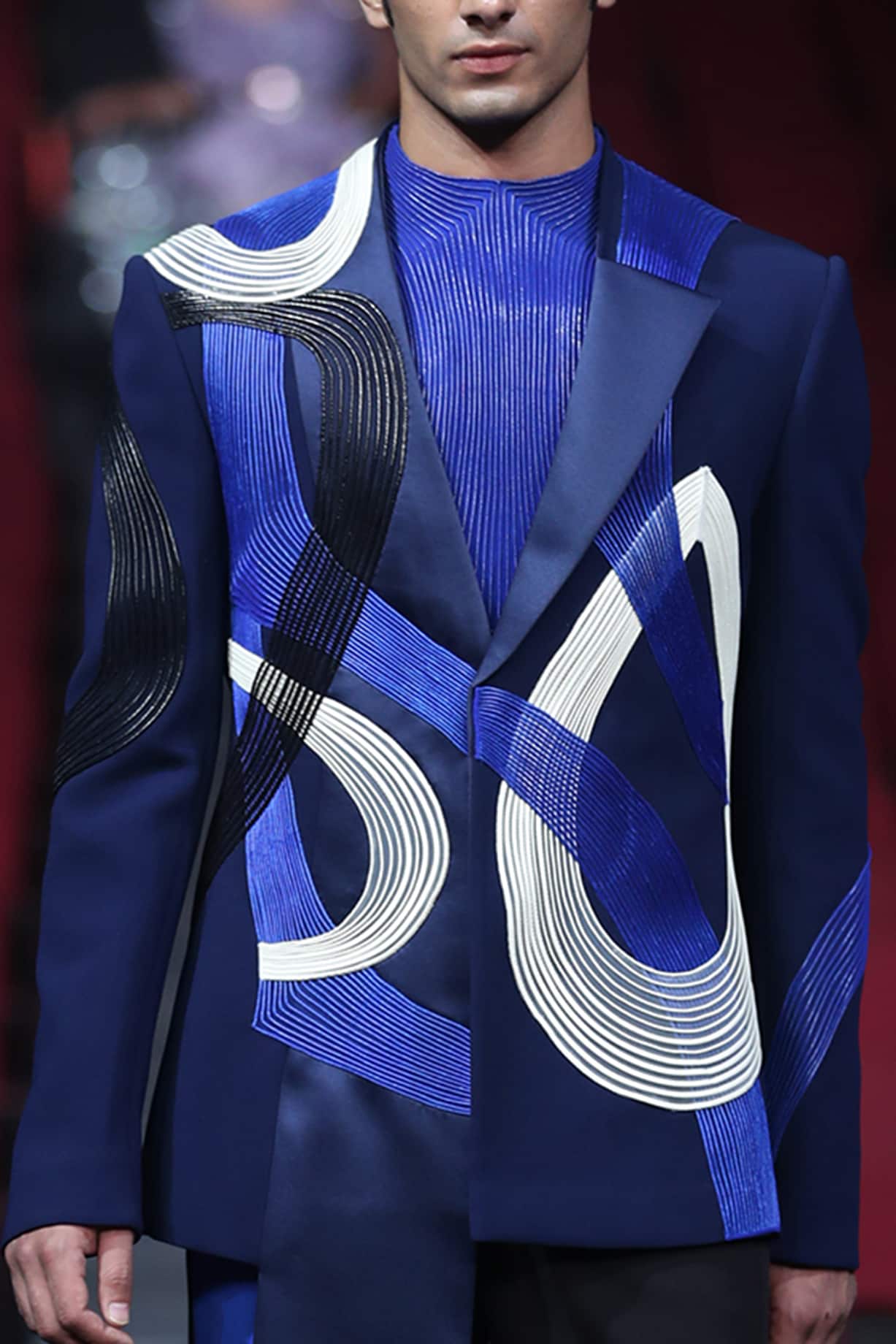 Buy Amit Aggarwal Men Royal Blue & Ink Blue Hand Moulded Asymmetric Jacket Set at Pernia