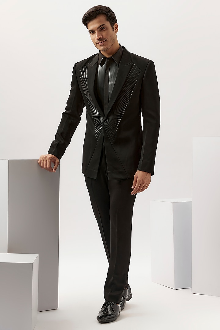 Black Satin Crepe Structured Tuxedo Set by Amit Aggarwal Men