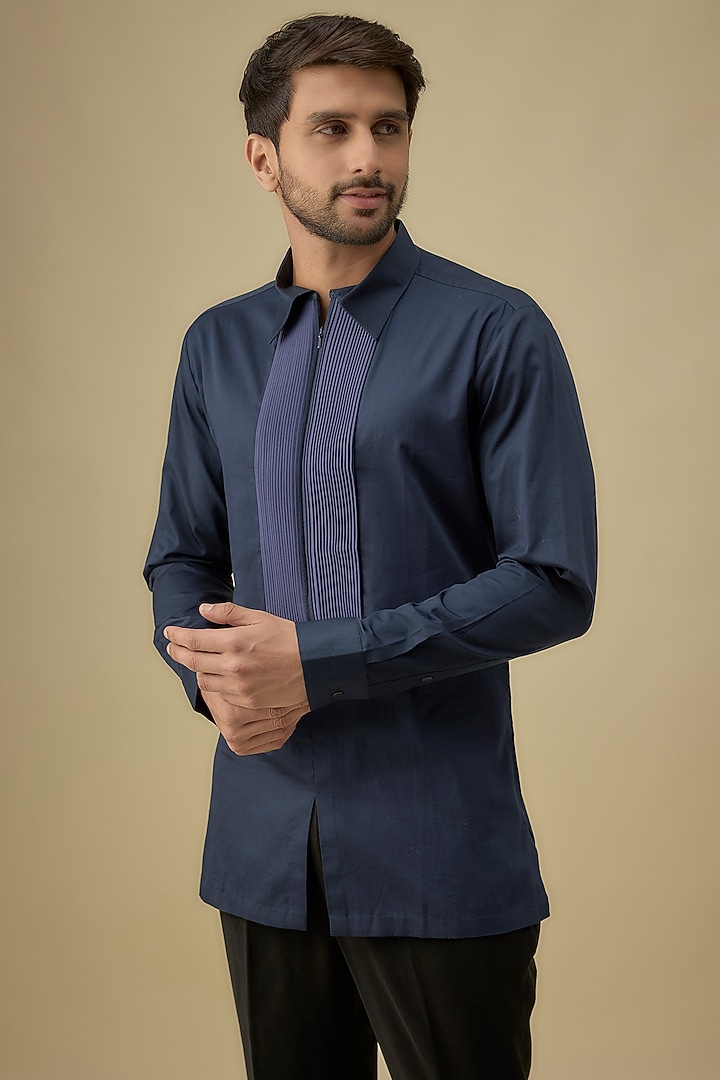 Navy Blue Cotton Satin Metallic Polymer Shirt by Amit Aggarwal Men at Pernia's Pop Up Shop