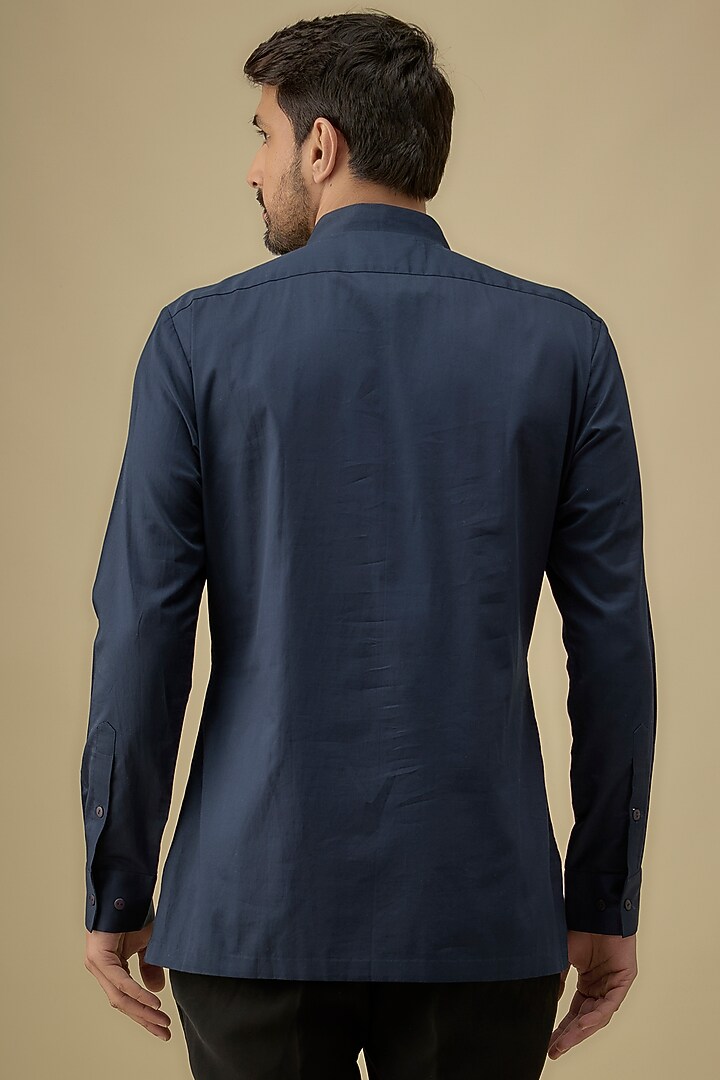 Navy Blue Cotton Satin Metallic Polymer Shirt by Amit Aggarwal Men at Pernia's Pop Up Shop