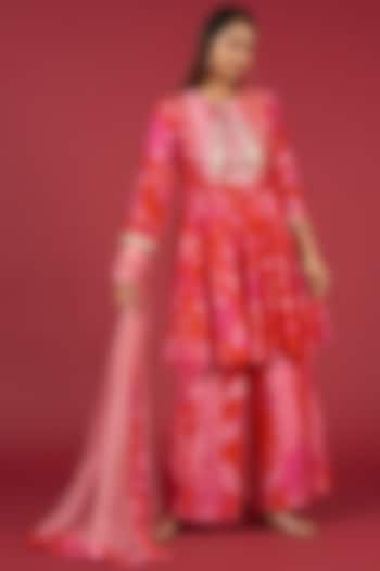 Red Silk Floral Printed Kurta Set by Archana Shah at Pernia's Pop Up Shop