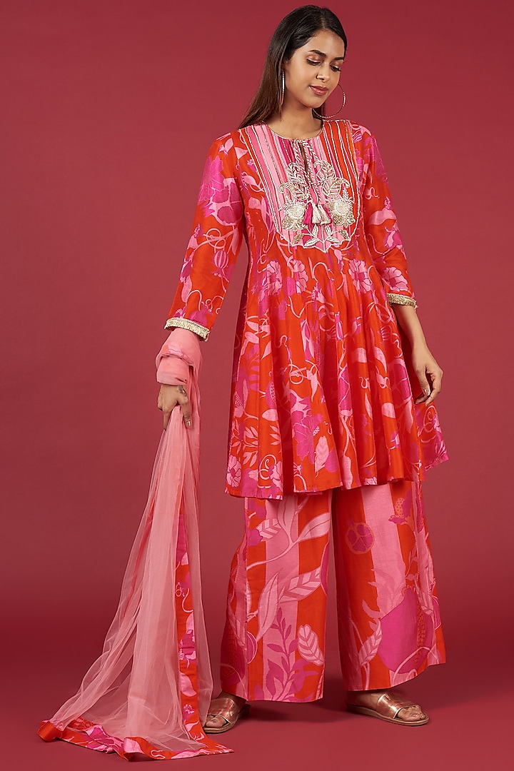 Red Silk Floral Printed Kurta Set by Archana Shah