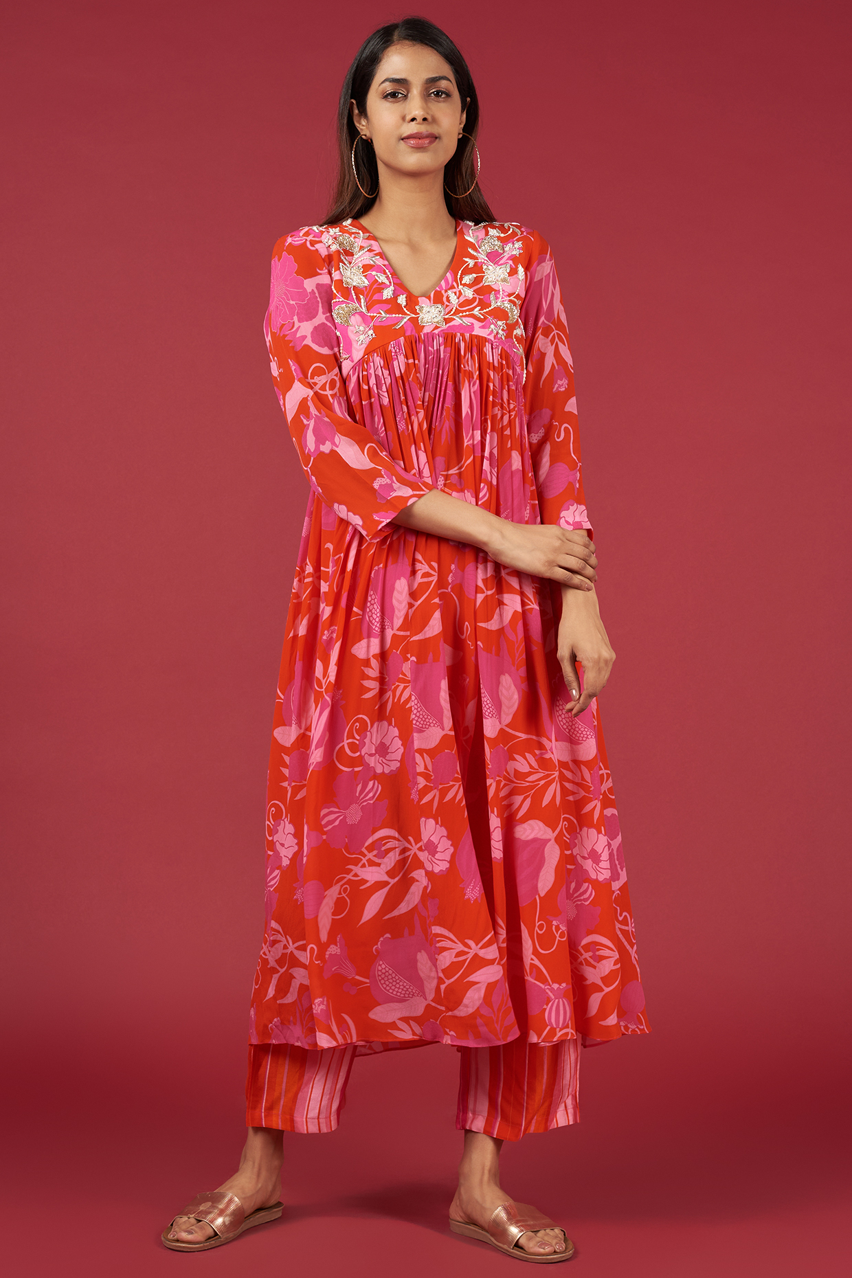 Red Silk Printed & Embroidered Tunic Set by Archana Shah at Pernia's Pop Up Shop