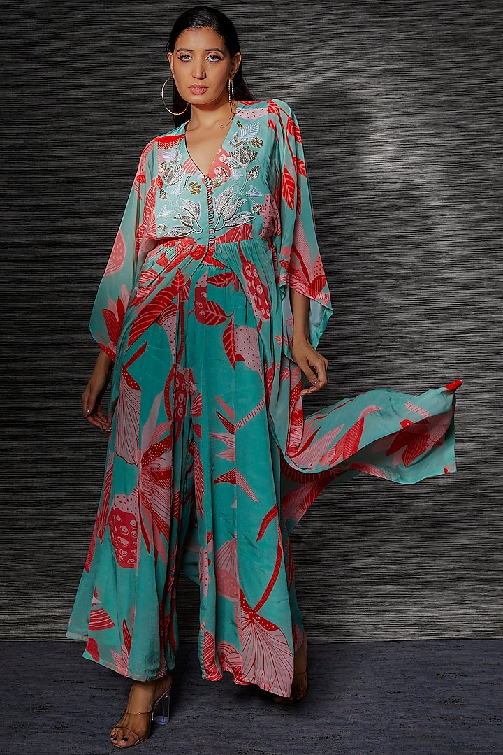 Powder Blue Silk & Organza Printed Kaftan Set by Archana Shah