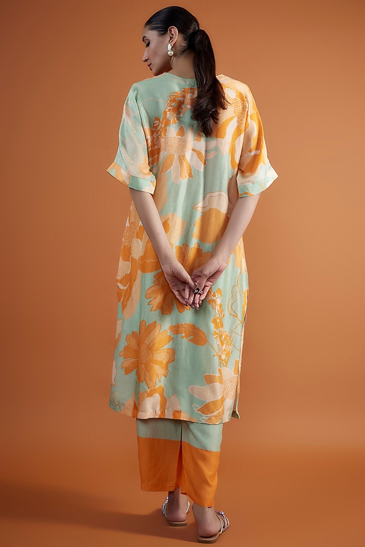 Mint Green Bemberg Silk Printed & Hand Embroidered Tunic Set by Archana Shah at Pernia's Pop Up Shop