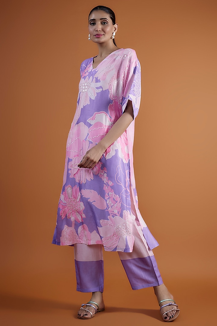 Purple Bemberg Silk Printed & Hand Embroidered Tunic Set by Archana Shah at Pernia's Pop Up Shop