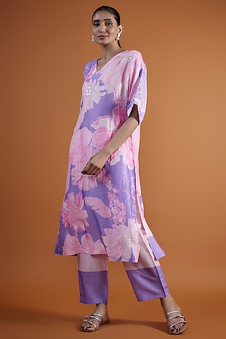 Purple Bemberg Silk Printed & Hand Embroidered Tunic Set by Archana Shah