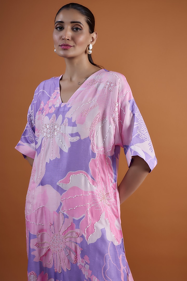 Purple Bemberg Silk Printed & Hand Embroidered Tunic Set by Archana Shah at Pernia's Pop Up Shop