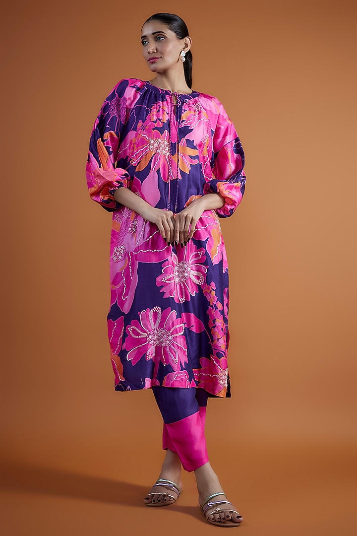 Purple Bemberg Silk Printed & Hand Embroidered Tunic Set by Archana Shah at Pernia's Pop Up Shop