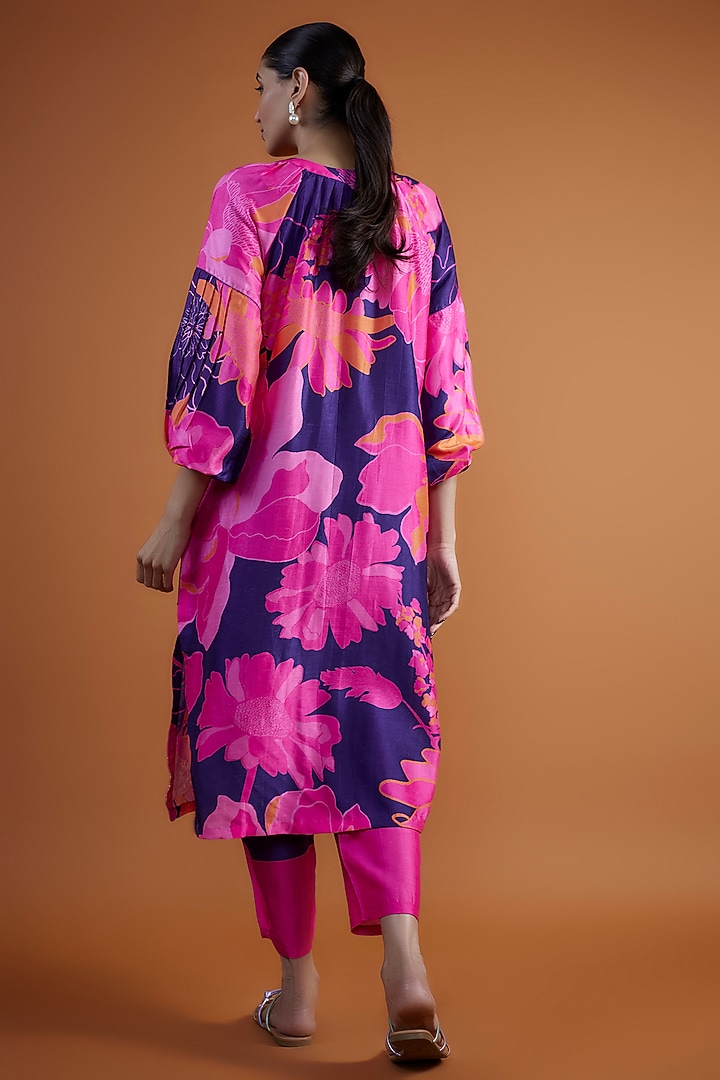 Purple Bemberg Silk Printed & Hand Embroidered Tunic Set by Archana Shah at Pernia's Pop Up Shop