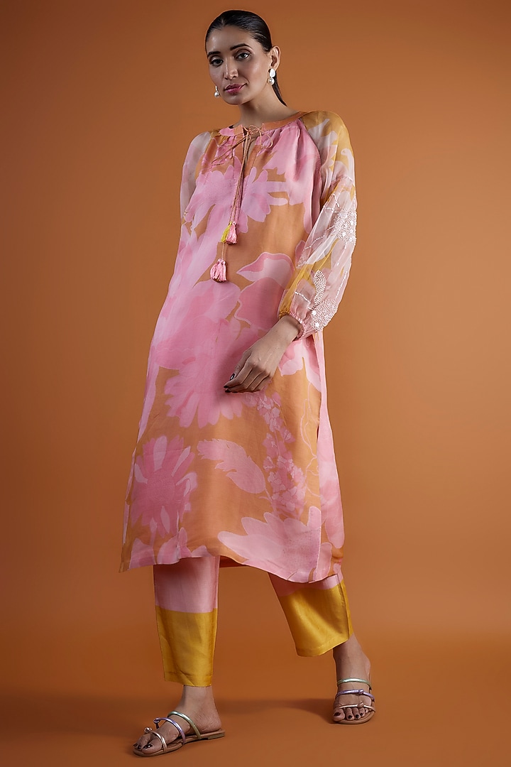 Pink Bemberg Silk Printed & Hand Embroidered Tunic Set by Archana Shah at Pernia's Pop Up Shop