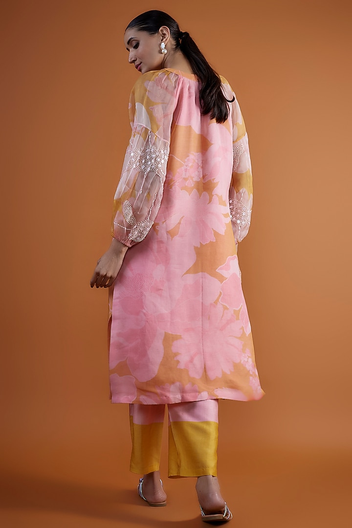 Pink Bemberg Silk Printed & Hand Embroidered Tunic Set by Archana Shah at Pernia's Pop Up Shop