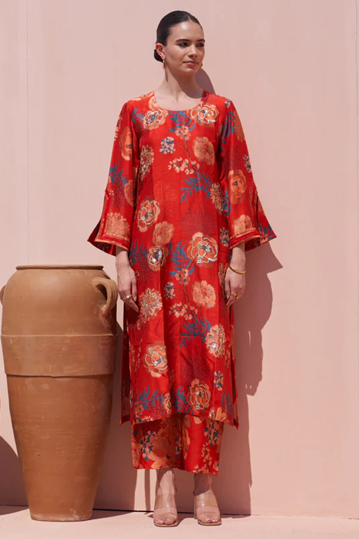 Red Bemberg Silk Digital Printed & Hand Embroidered Kurta Set by Archana Shah at Pernia's Pop Up Shop