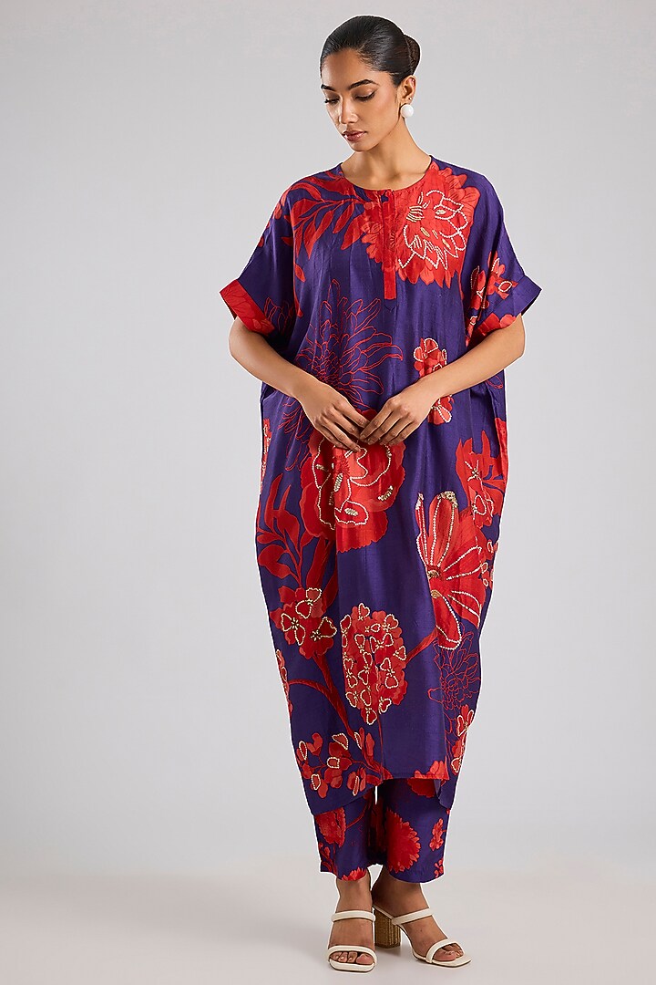 Purple & Red Bemberg Silk Kaftan Set by Archana Shah at Pernia's Pop Up Shop